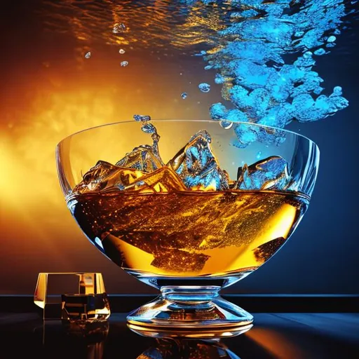 Prompt: A brilliant blue crystal bowl placed on a grand piano, contain whisky with ice cubes filled near edge, fishes is diving in crystal bowl, splash of whisky around,  radiating a brilliant, shimmering light. realistic photography, octane render, backlit, cinematic.