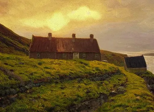 Prompt: "Golden hour", Dark, Faroe Islands, national romantic, small distant village with grass roofs, wide landscape, "oil painting in style of Thaulow", golden hour, highly detailed
"No frame"