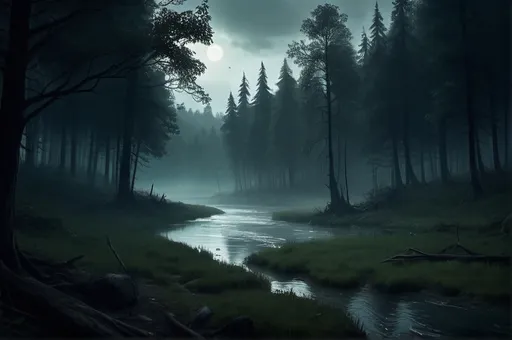 Prompt: Fantasy RPG style river seen in distance, in dark forest, eerie atmosphere, gloomy mood, weathered, mystical lighting, heavy mist, highres, realistic, fantasy RPG, eerie atmosphere, gloomy, weathered, detailed environment, mystical lighting, dynamic view, realistic reflections