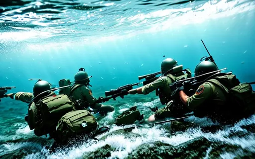 Prompt: army fighting underwater during battle photo.