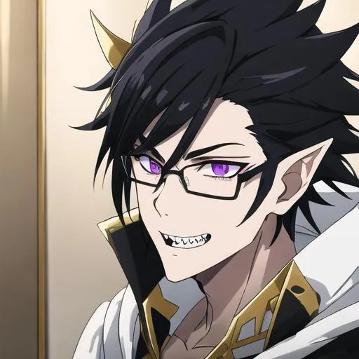 Prompt: Male (spiky black hair and white multicolor hair) (Purple eyes) (elf ears) (sharp teeth) (gold framed eyeglasses with a gold color), UHD, 8K, highly detailed, insane detail