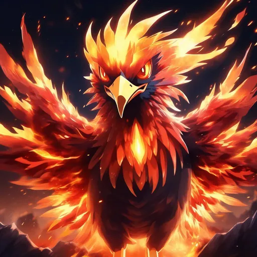 Prompt: pokemon art style, portrait of a fierce starry phoenix made of fire that is glowing, flying, flaming head, mouth open, glistening flowing flaming feathers, glowing red eyes, bioluminescent, volcano, eruption, lava, magma, fireballs, sunset, beneath the stars, masterpiece, highres, best quality, concept art, 64k, highly detailed, vibrant, professional, UHD