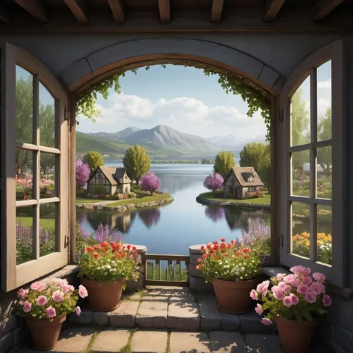 Prompt: small settlement, window view of lake, flowers in window boxes and trellis, orchard, dramatic fantasy settlement scene, cinematic lighting