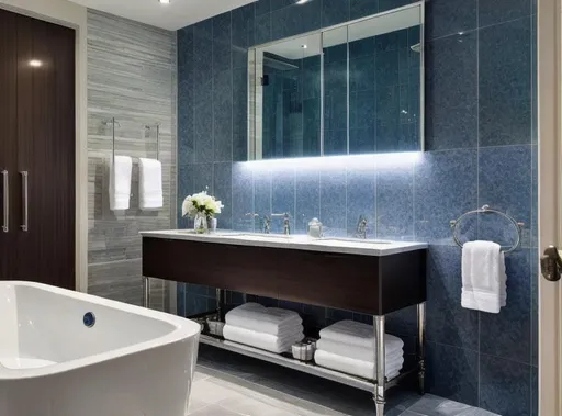 Prompt: large, luxurious hamptons bathroom, polished silver beveling, blue sapphire station tiles, shower over bath, bidet, basin, terrazzo floors. photorealism.