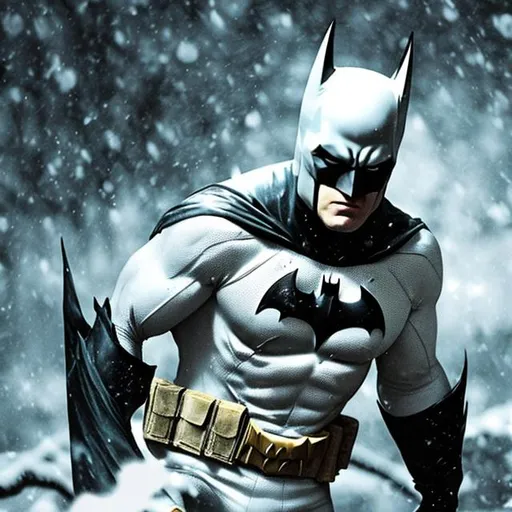 Prompt: Create comic book BATMAN, determined face, wearing white winter camouflage costume 