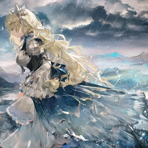 Prompt: 1 girl, vast scenic of water color pastel mix ultra realistic, standing on valley, sad, looking from behind, masterpiece, best quality, half luxury pattern leather armor with uraninite ornament, flying water color pastel mix fluffy blonde hair, finely detailed, heavy rain, thunder, circle thunder cloud on the sky, dark sky, dark cloud, storm, raining, thunder sky, lightning strike, thunder strike, vortex thunder cloud on the sky, windy, rain pour all over, we hair, wet clothes, watery, light energy in the air, professional, highly contrast, studio lighting, cinematic light, extreme detailed, realistic, poster, hyper realistic, ultra realistic, UHD, HDR, 64K, inspired by wlop, inspired by kentaro miura, UHD render, HDR render, 3D render, concept art, CG winning award, digital painting