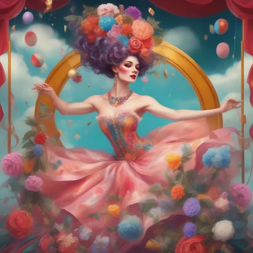 Prompt: A colourful and beautiful Persephone as a elegant acrobat with clouds for hair, wearing a ballgown made of flowers in the crazy circus, surrounded by circus decor and gems in a painted style