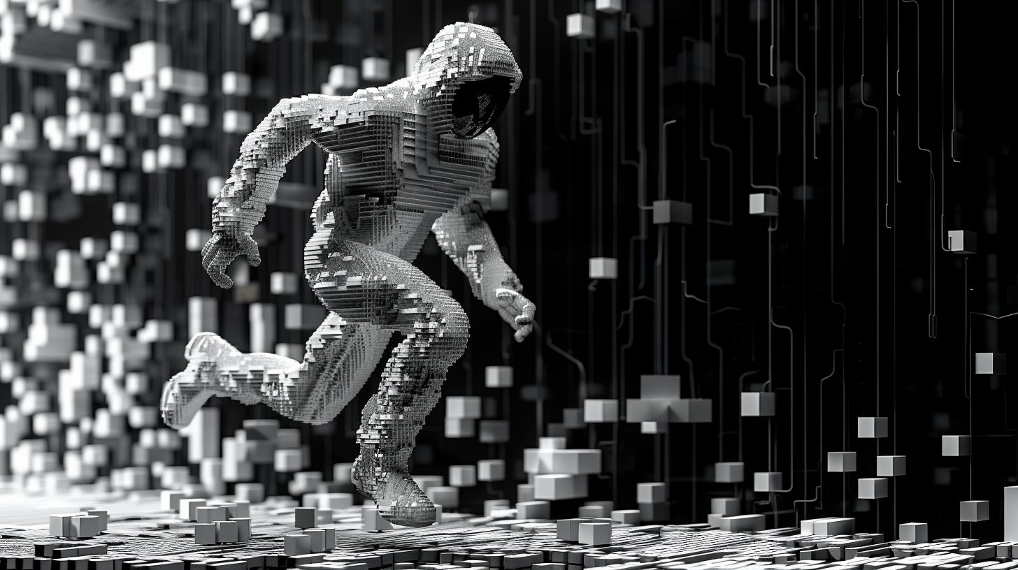 Prompt: Monochrome 3D ASCII man escaping the flat, text-based world into a colorful, high-resolution reality --ar 16:9 --sref https://s.mj.run/f68r0l2vKLs --stylize 500