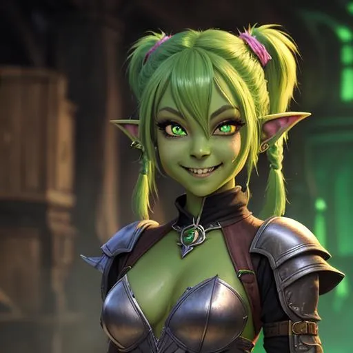 Prompt: oil painting, D&D fantasy, green-skinned-goblin girl, green-skinned-female, small, short pink hair, pigtails, evil smile, pointed ears, fangs, looking at the viewer, thief wearing intricate adventurer outfit, #3238, UHD, hd , 8k eyes, detailed face, big anime dreamy eyes, 8k eyes, intricate details, insanely detailed, masterpiece, cinematic lighting, 8k, complementary colors, golden ratio, octane render, volumetric lighting, unreal 5, artwork, concept art, cover, top model, light on hair colorful glamourous hyperdetailed medieval city background, intricate hyperdetailed breathtaking colorful glamorous scenic view landscape, ultra-fine details, hyper-focused, deep colors, dramatic lighting, ambient lighting god rays, flowers, garden | by sakimi chan, artgerm, wlop, pixiv, tumblr, instagram, deviantart