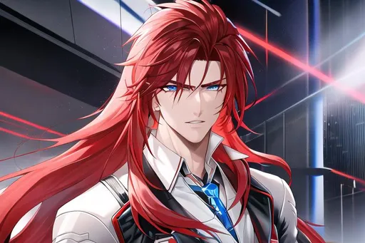 Prompt: Zerif 1male (Red side-swept hair falling between the eyes, sharp and sassy blue eyes), highly detailed face, 8K, Insane detail, best quality, UHD, handsome, flirty, muscular, Highly detailed, insane detail, high quality. cyberpunk