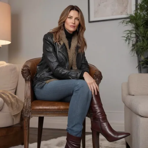 Prompt: Beautiful Extremely gorgeous 35 year old supermodel, pouting, sitting on a tall chair in living room, dressed in short tight moto coat tight jeans and tall buckle boots with buckles, speaking to her son, 12K full frame, ISO 400, detailed face, intricate leather textures, high-quality, professional, detailed eyes, realistic, polished leather, atmospheric lighting