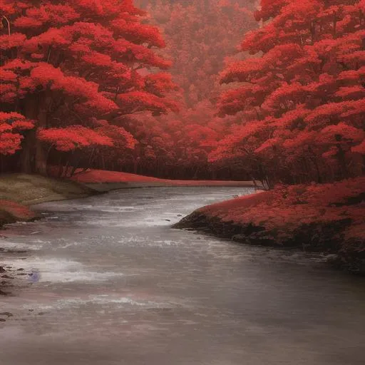 Prompt: Fleshy landscape where everything is red. With red trees and rivers