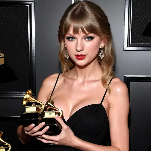 Prompt: Taylor Swift, holding a baby, in a black dress, With a Grammy next to her, with a wedding ring on her ring finger. Both of her eyes are facing the same way.