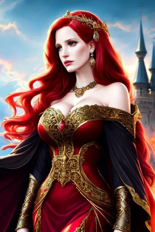 Prompt: {Mix of Jessica Chastain and Christina Hendricks}, high resolution face, long red flowing hair, wearing ornate sorceress clothing, hypermaximalist, elegant, ornate, hyper realistic, anime, dramatic, digital painting, artstation, smooth, sharp focus, dark medieval castle, full body shot, high resolution, dungeons and dragons, frank frazetta style art, smoke,