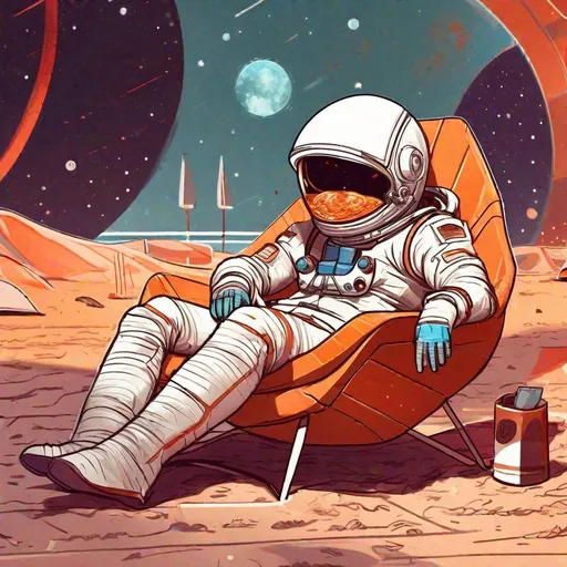 Prompt: "an astronaut in a space helmet resting on mars in a beach chair at a coffee shop, vibrant lighting, elegant, highly detailed, smooth, sharp focus, illustration, beautiful, geometric, full body, cinematic, artwork by borovikovsky"