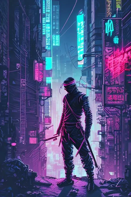 Prompt: Ninja in cyberpunk setting, crouched on rooftop, darkwave, synthwave