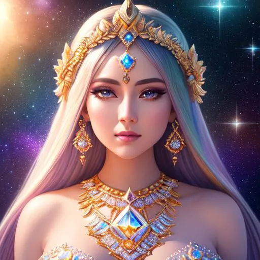 Prompt: portrait full body of goddess, diamonds, digital painting,  highly-detailed, cinematic, cream,  soft pastel color palette, light trails, scales, 
 sparkling, stars, galaxy, nebula, translucent, iridescent, long hair,  perfect composition, hyperrealistic, super detailed, 8k, high quality, sharp focus, intricate details, highly detailed, dynamic lighting, detailed and intricate environment, highest quality 