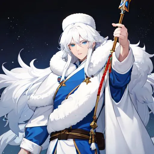 Prompt: Russia as a male human, 8k, UHD,  highly detailed, white hair, blue eyes, wearing a fluffy giant jacket and a ushanka