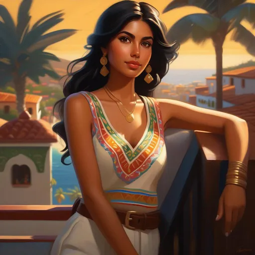 Prompt: Third person, gameplay, Mexican girl, tan skin, black hair, brown eyes, Puerto Vallarta, golden atmosphere, cartoony style, extremely detailed painting by Greg Rutkowski and by Henry Justice Ford and by Steve Henderson 