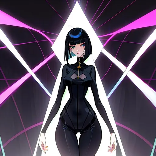 Prompt: a lonely AI girl, very tall, thick thighs, wide hips, huge glutes, long legs, slender arms, slender waist, big beautiful symmetrical eyes, intriguingly beautiful face, aloof expression, bob haircut with bangs, wearing Acid Neo-GothPop fashion clothes, high fashion, photorealistic, 12K resolution, hyper quality, hyper-detailed, hyper-realistic, 12K resolution, realistic lighting, realistic shadows, realistic reflections, realistic textures, hyper-professional