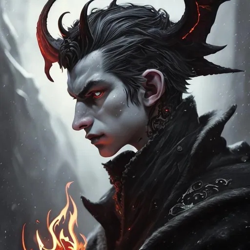 Prompt: Portrait of young tiefling Olgierd von Everec orae bat wings on his back, black hair and piercing, a flame in one hand, a simicar in other hand, dark snowy iceberg, perfect composition, hyperrealistic, super detailed, 8k, high quality, trending art, trending on artstation, sharp focus, studio photo, intricate details, highly detailed, by greg rutkowski