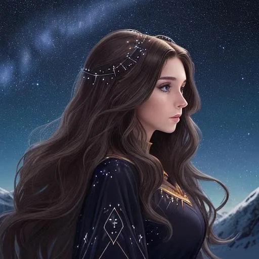 Prompt: A beautiful caucasian Canadian woman (goddess of the night sky) with magical flowing brunette hair in the style of constellations and the night sky profile picture