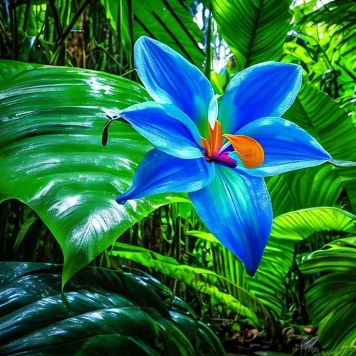 Prompt: shining blue tropical flower in a rainforest with big leaves in the background