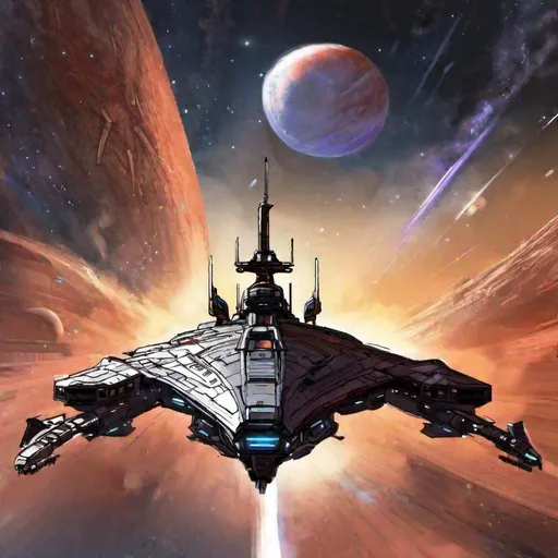 Prompt: a Scifi battlespace ship. frigate spaceship. mass effect art. art-station art. rpg. rpg art. 2d art. 2d.
