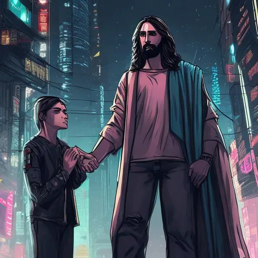 Prompt: Jesus protecting a human. cyberpunk style only, two characters modern clothes
