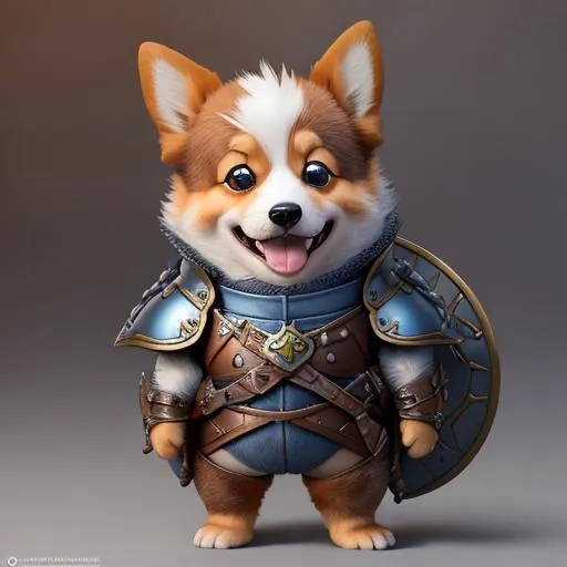 Prompt: Pixar style, Tiny cute and adorable corgi adventurer dressed in fantasy armour, jean - baptiste monge , anthropomorphic , dramatic lighting, 8k, portrait, smiling, no care, love you guys!