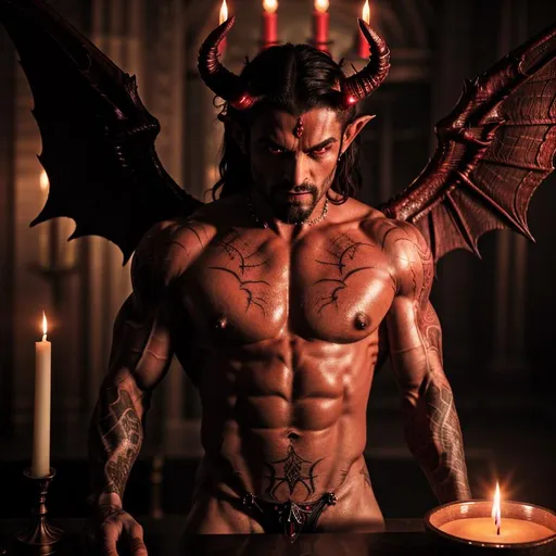 Prompt: detailed close-up, perfect composition, cinematic, muscular Arabian, tattooed, demon-winged bulged demon with horns stands atop a satanic altar bathed in crimson candlelight, at night, poised to invite the viewer. The scene exudes an aura of both irresistible desire and perilous temptation. Overhead, a zenithal red hue bathes the composition, casting all in shades of passionate crimson. Feel free to offer any adjustments to enhance the visual impact and emotional resonance of the prompt. Make sure tu vary perspective, distance and profile in each outcome.