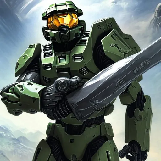 Prompt: Master chief of HALO with robotic arm