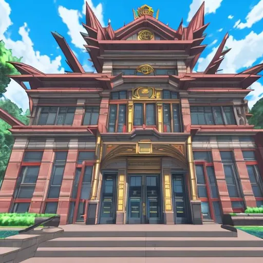 Prompt: a front view of a school created to train students for becoming pro yugioh duelist