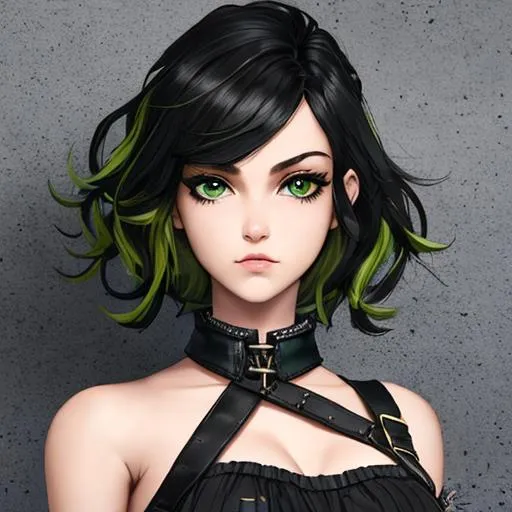 Prompt: An insanely beautiful girl around 21 years old. punk clothes. perfect anatomy, symmetrically perfect face. perfect grey eyes. beautiful short black wavy hair with green streaks. no extra limbs or hands or fingers or legs or arms.