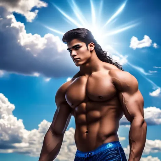 Prompt: 500-foot tall shirtless superhuman teenage giant Latin  bodybuilder with long wavy hair fills the sky, anime style 