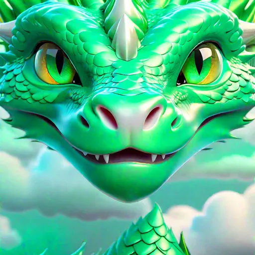 Prompt: a face shot of a beautiful green dragon with an intelligent face looking at clouds with bright turquoise eyes, very glossy and shiny, reflective, symmetrical, perfect composition, hyperrealistic, super detailed, 8k, high quality, trending art, trending on artstation, sharp focus, studio photo, intricate details, highly detailed, Trending on Artstation, Cozy wallpaper, Pastel colors, soft lighting