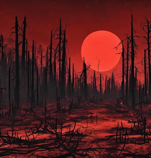 Prompt: A red sun is in the sky, red rivers run underneath. The sky is grey and depressing. The trees are decaying, but burnt. Survivors are scattered around the area.