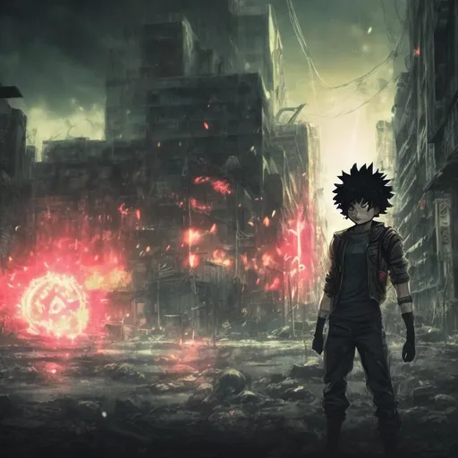 Prompt: Long exposure. post-apocalyptic background with nuclear blast. anime and splash. Vigilante deku