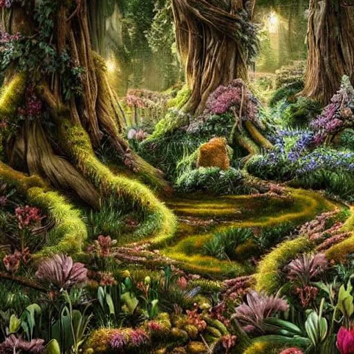 Prompt: Realistic magical forest, very detailed, intricate, stunning, romanticism, flowers
