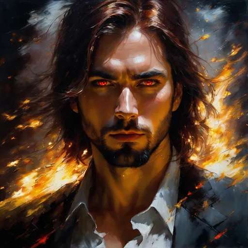Prompt: young man with medium long red-brown hair, flowing hair, (((fire shooting from hair))), ((fire)), fire magic, fire red eyes, determined look, fierce eyes, simple shirt, three day beard,

face portrait, dramatic lighting, dark atmosphere, textured Speedpaint, masterpiece, (rough brush strokes), (paint splatter on background), by Jeremy Mann, by Ismail Inceoglu, oil on canvas, intense gaze, professional, atmospheric lighting, textured, highres, masterpiece, cinematic, oil painting, trending artwork, particles, dramatic