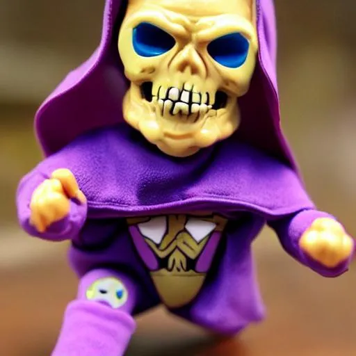 Prompt: skeletor action figure toy, empty background, as a cute baby with a dumb in its mouth