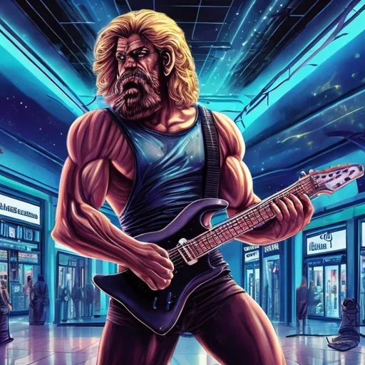 Prompt: Bodybuilding Odysseus playing guitar for tips in a busy alien mall, widescreen, infinity vanishing point, galaxy background