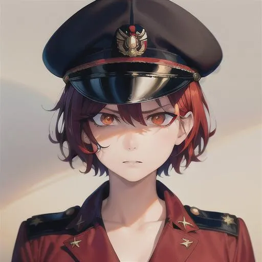Prompt: (masterpiece, illustration, best quality:1.2), portrait, mad expression, mature look, death stare, eye bags under eyes, short pixie style red hair, orange eyes, wearing a black soldier's uniform, wearing commanders hat, best quality face, best quality, best quality skin, best quality eyes, best quality lips, ultra-detailed eyes, ultra-detailed hair, ultra-detailed, illustration, colorful, soft glow, 1 girl