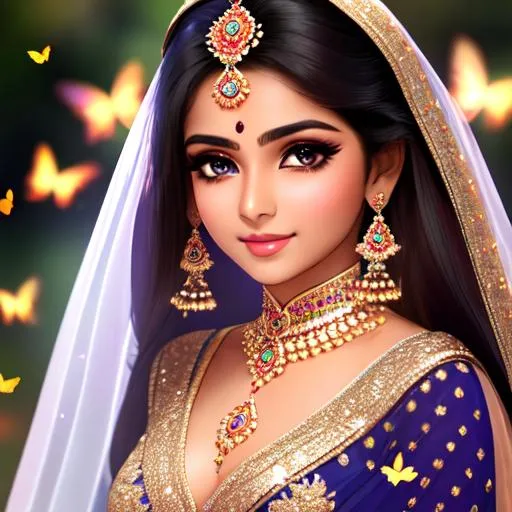 Prompt: a cute indian girl wearing a dazzling gown with hairs wide open , beautiful eyes and gorgeous face , smooth and realistic skin , butterflies fluttering in the background , a full body portrait , realistic , full hd , 8 k , clear visible gorgeous face 