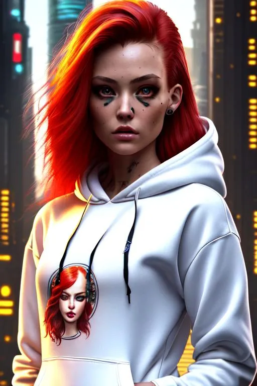 Prompt: ((best quality)), ((masterpiece)), ((realistic)), (detailed), (1 girl) women,cyberpunk, sfw, arm tattoo, white hoodie , long hair, Razor cut, big red eyes, (looking at viewer:1. 2), (high angle shot:1. 3), (nose piercing:1. 3), red hair, detailed background, in the cbyerpunk city, portrait, smiling, seductive look, night, (((close up face shoot))), dim lights, 8k uhd, realistic, Nikon z9, raytracing, focus face, (sharpness:2. 0)
