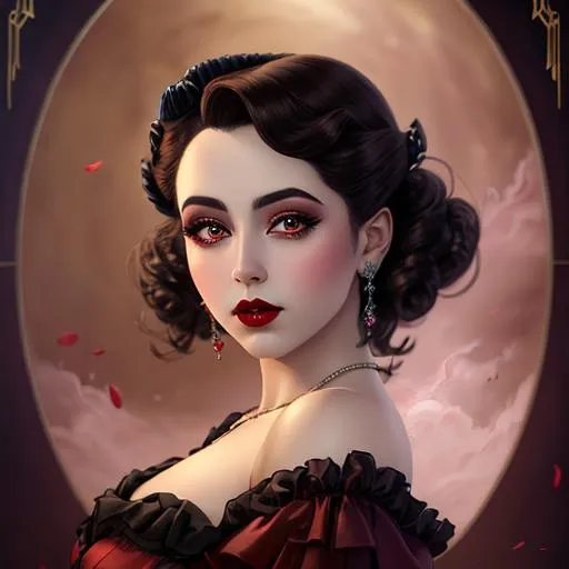 Prompt: Ethereal fantasy image detailed painting by Tim burton and artgerm portrait of a beautiful 1920's high class young aristocrat female with dark brown eyes perfect cherry red lips wearing a very beautiful formal gown,  artgerm, award-winning cgi, blender 