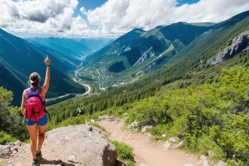 Prompt: A girl Hiking to the top of a mountain. Waving a Pride flag.
In the background is a valley with a village.