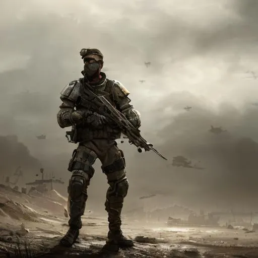 Prompt: last man standing, call of duty style, frontline background, hyper realistic, full body, full modern armor, dying