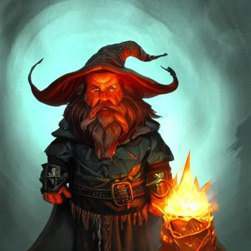 Prompt: middle aged gnome
 looks like wizard sorcerer magician warlock spell-caster, fire particles, darkness, diablo digital concept art, artwork by Tyler Edlin + Simon Bisley, artstation, very detailed facial structure, long beard, 8k