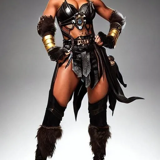 Prompt: She has dark skin, a revealing leather outfit, rippling muscles, and full of scars all over her body. She wears an eye patch with sculpted like face gives off a delinquent boss vibe. She completely feels like a female amazon warrior from some fantasy story. Also she has beast-like ears and a tail like a tiger's. Her fur is very thick.